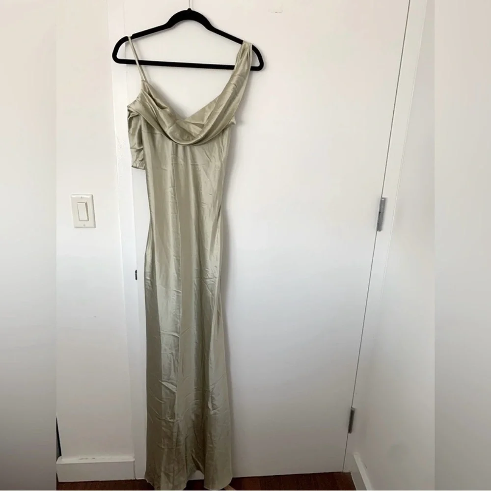 Reformation Sage Green Off-Shoulder Satin Maxi Dress